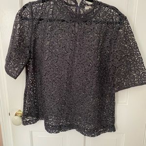 Ann Taylor LOFT dark navy blue embroidered top size Large